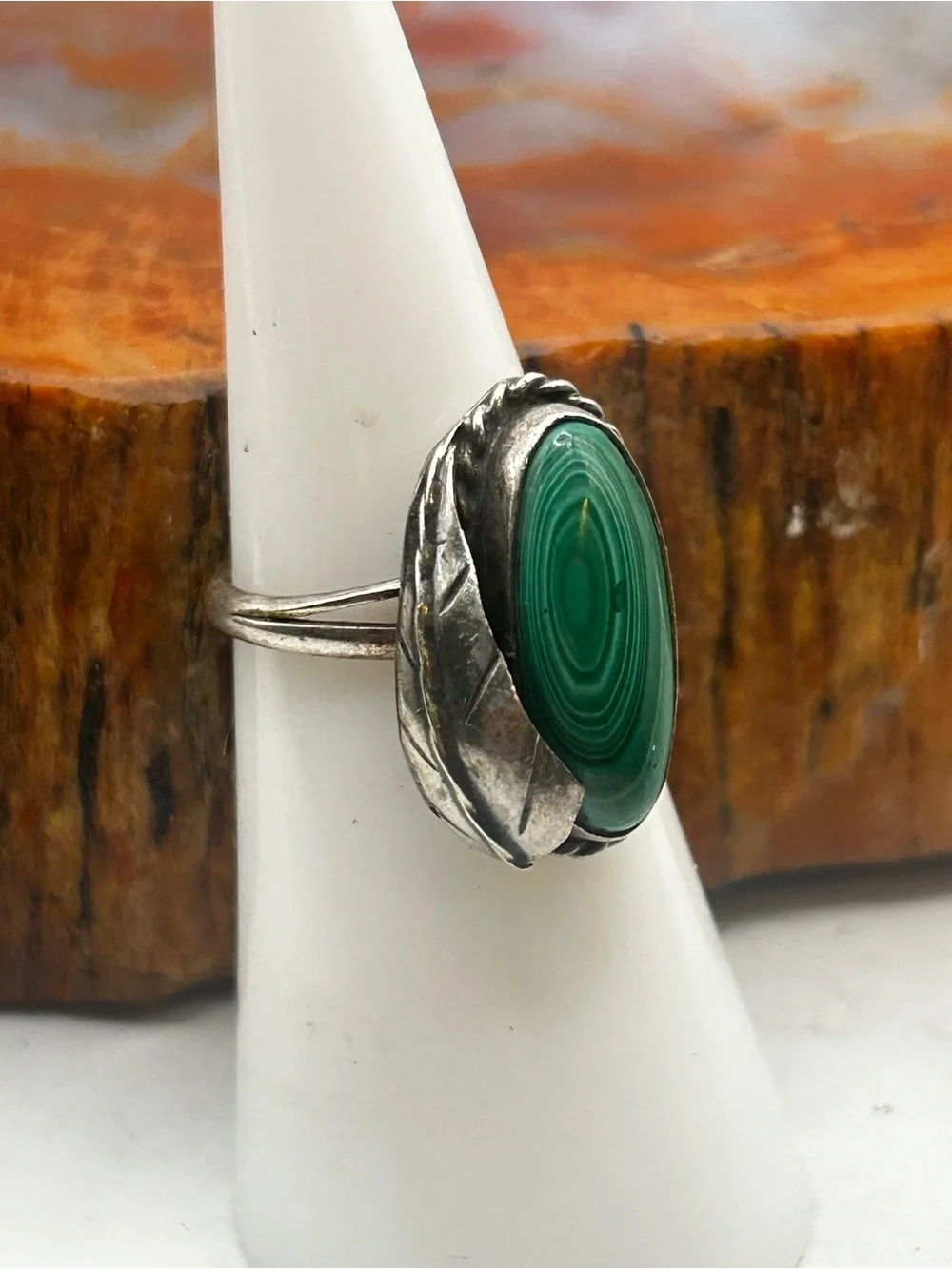 Vintage Sterling Silver Green Malachite Ring - Size 5